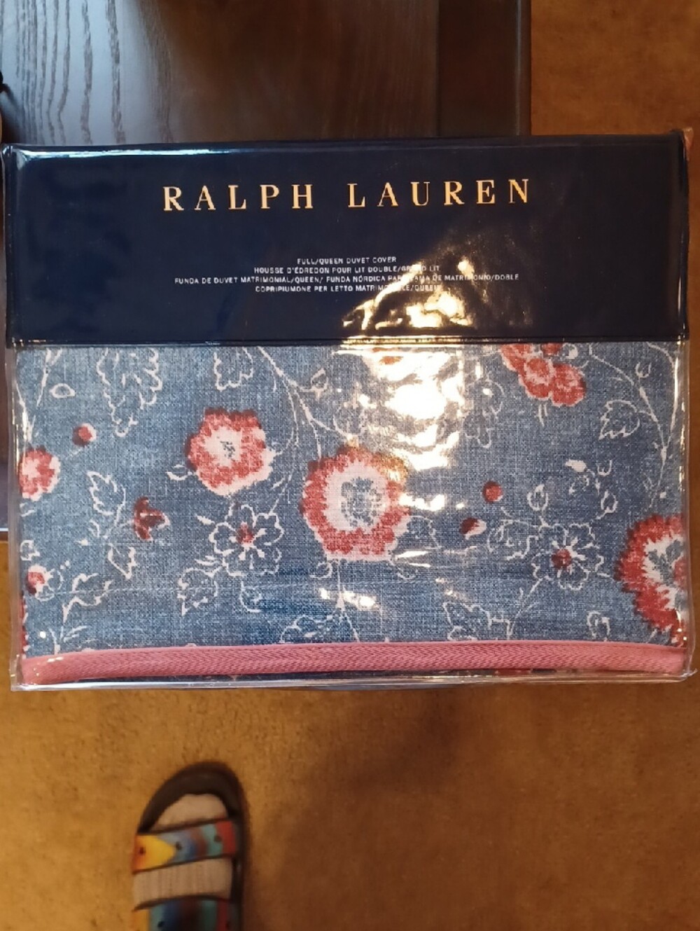 Ralph Lauren Denim-Blue Floral Duvet Cover with Pink Trim